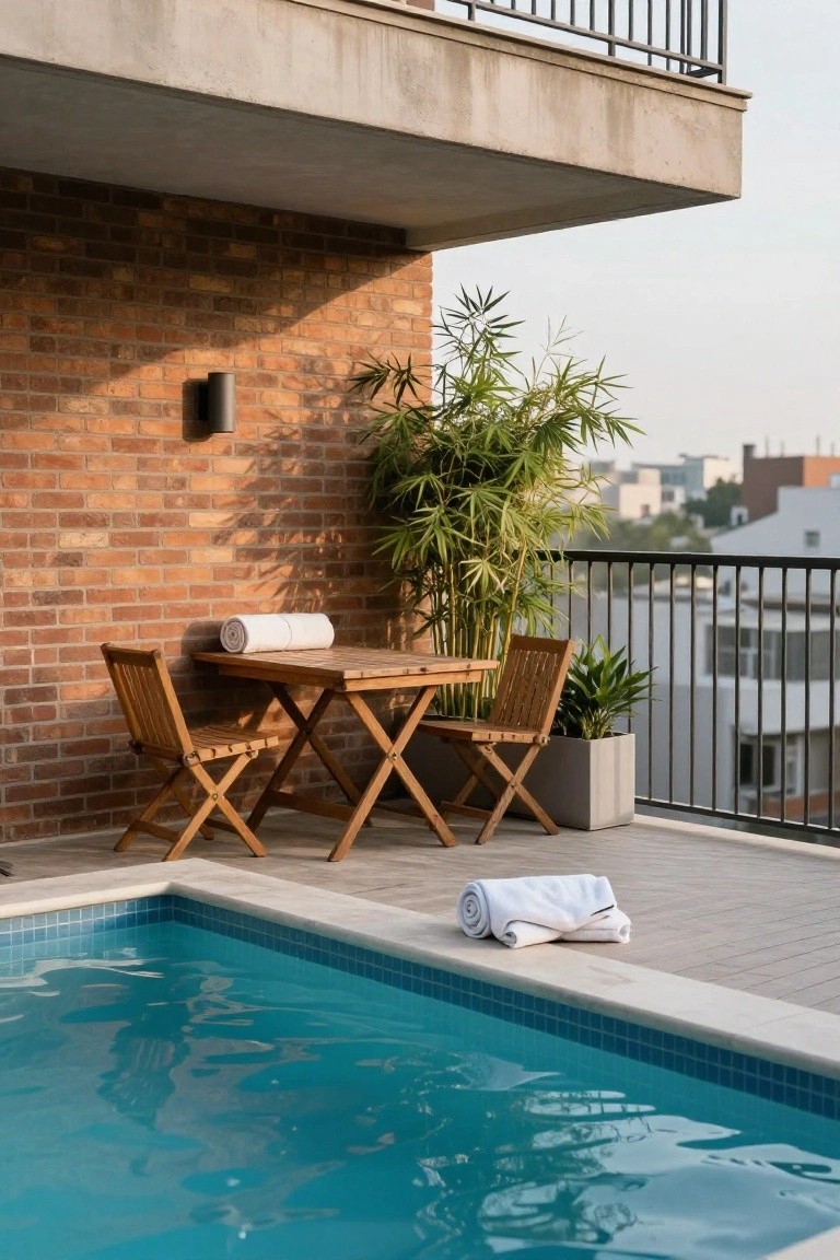 Rooftop terrace with blue-tiled pool, wooden folding table and two chairs under concrete overhang, brick wall, tall potted bamboo plant, white towels on deck and table, city view beyond black railing.