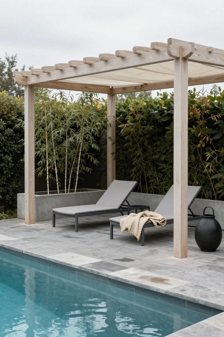 Wooden pergola with beige fabric shade covering two gray lounge chairs next to an in-ground pool on gray tiled patio, with bamboo screening and black pots nearby.