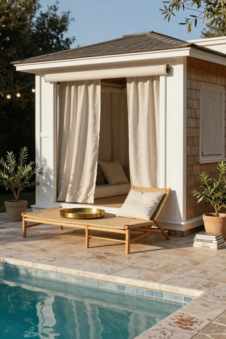 White shingled cabana with open sides draped in sheer curtains next to a pool, featuring a cushioned bench inside, rattan lounger with brass tray and pillow outside, potted olive trees, and tiled pool deck.