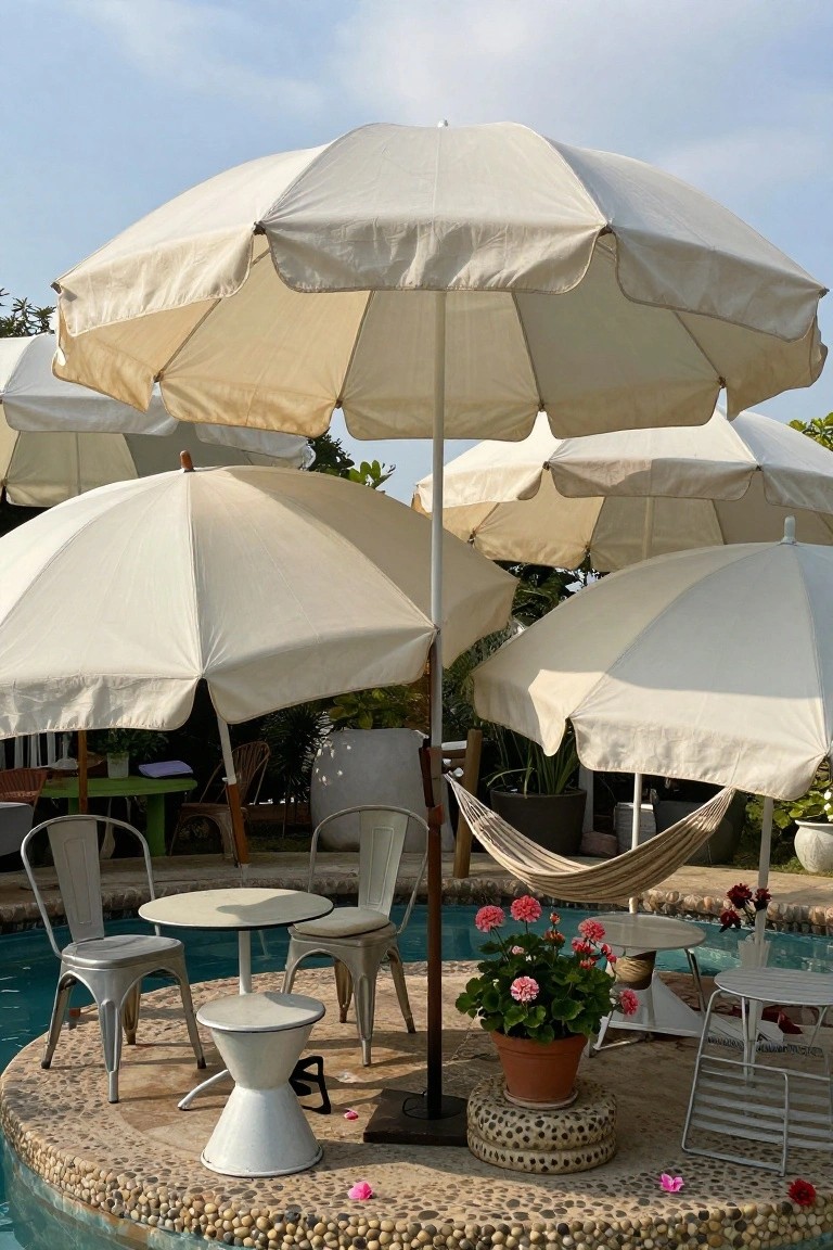 Poolside pebble platform with multiple large white umbrellas over metal chairs, a round table, stool, potted pink flowers, and hammocks nearby.