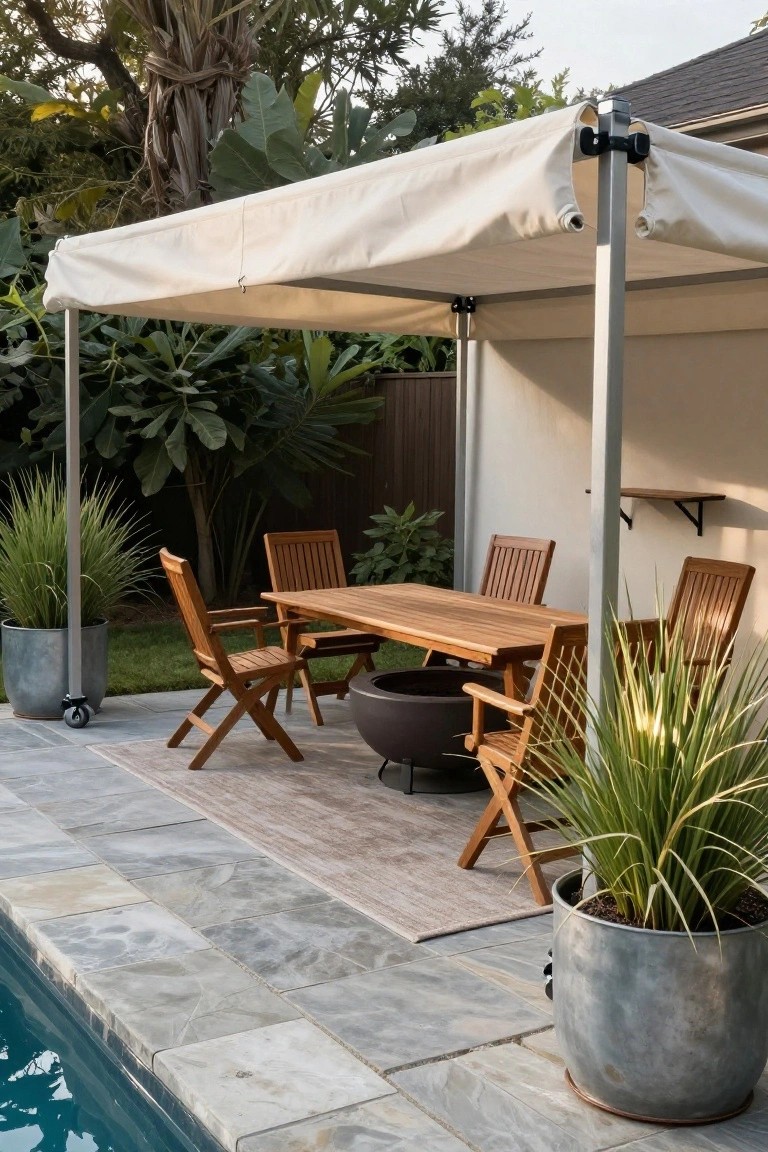 White fabric canopy on metal frame over wooden dining table and chairs on a poolside patio, with potted plants, fire pit, and pool edge nearby.
