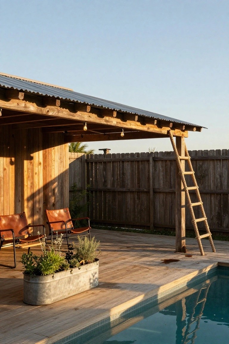 Rustic wooden pergola with corrugated metal roof over a deck beside a turquoise swimming pool, featuring two tan leather chairs, a galvanized planter with greenery, and a rope ladder leaning on a post next to a wooden fence.