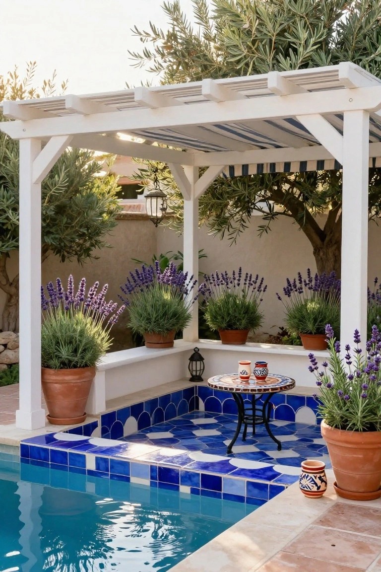 White wooden pergola with blue-striped awning over a small round mosaic table and two ceramic mugs next to a blue-tiled pool edge, with lavender plants in terracotta pots and olive trees nearby.