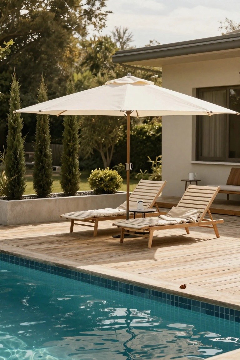 Large cream-colored umbrella shading two wooden lounge chairs and a small table on a wooden deck beside a turquoise-tiled pool, with potted plants, trees, and a modern house in the background.