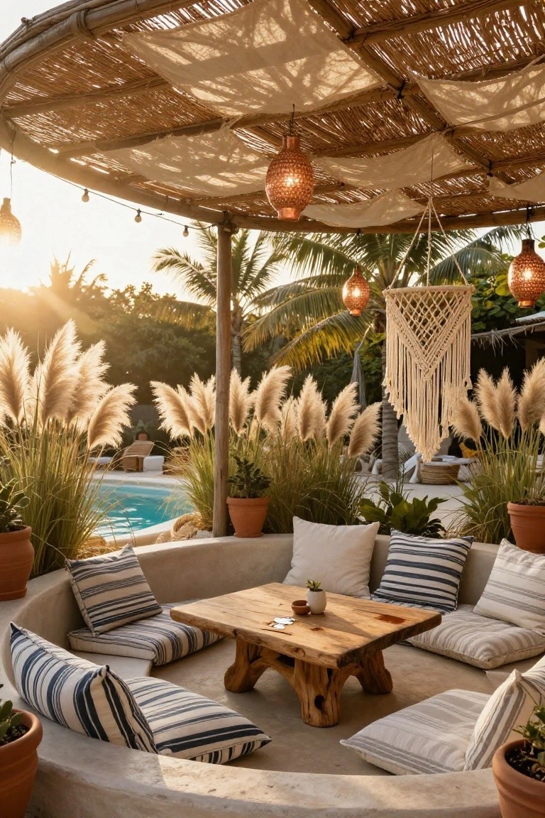 Poolside curved seating area under a thatched roof with hanging lanterns, floor cushions, low wooden table, pampas grass planters, and infinity pool in the background.