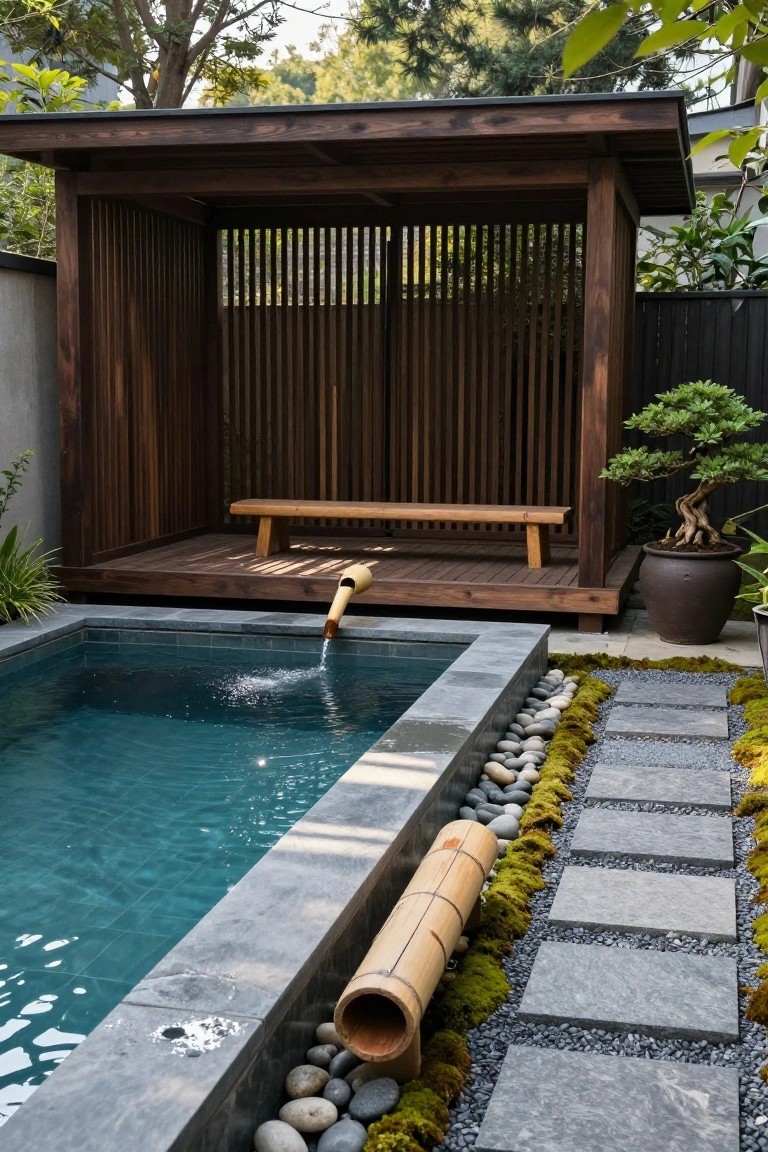 Small turquoise pool filled by a bamboo spout, next to a wooden pavilion with slatted walls and a bench inside, bordered by gravel paths, moss, rocks, and plants.