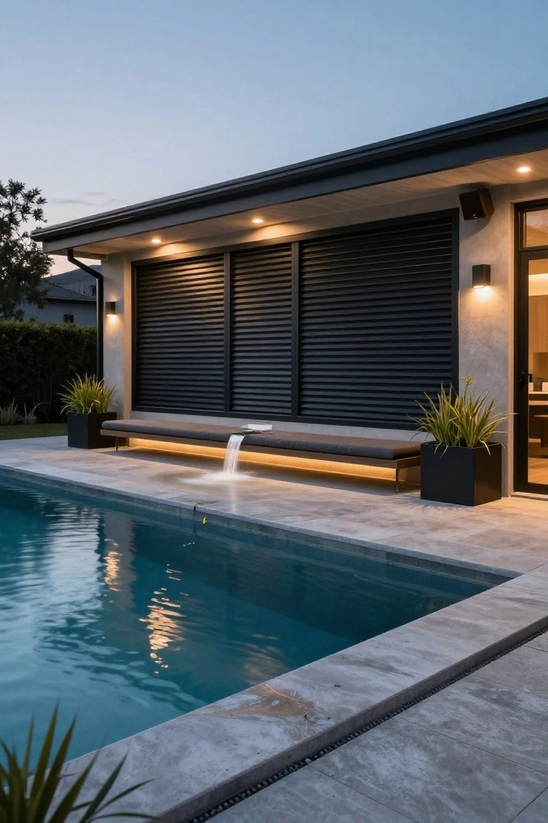 Evening view of a modern house with black slatted wall, concrete bench with LED lighting and waterfall flowing into turquoise pool, potted grasses, and poolside pavers.