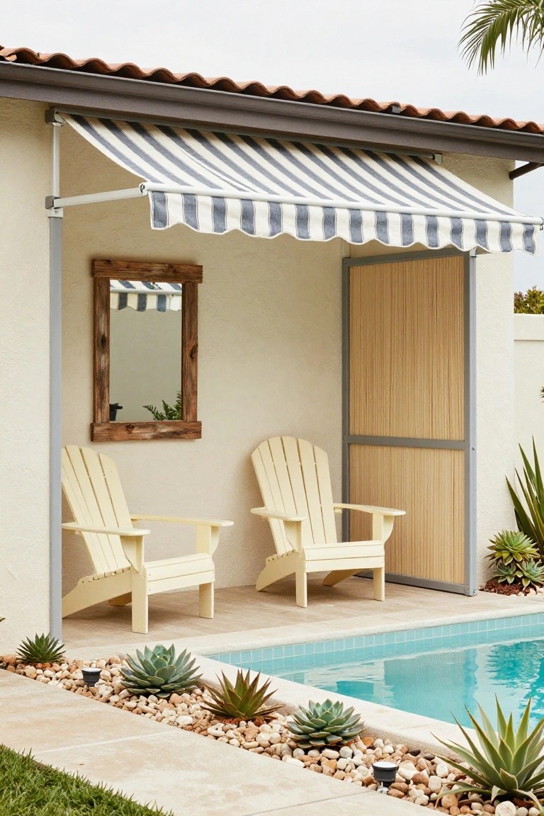 Beige stucco exterior wall under a terracotta tile roof with blue and white striped retractable awning extended over two yellow Adirondack chairs, wooden-framed mirror, bamboo sliding door, succulents in pebble beds, and turquoise pool edge.