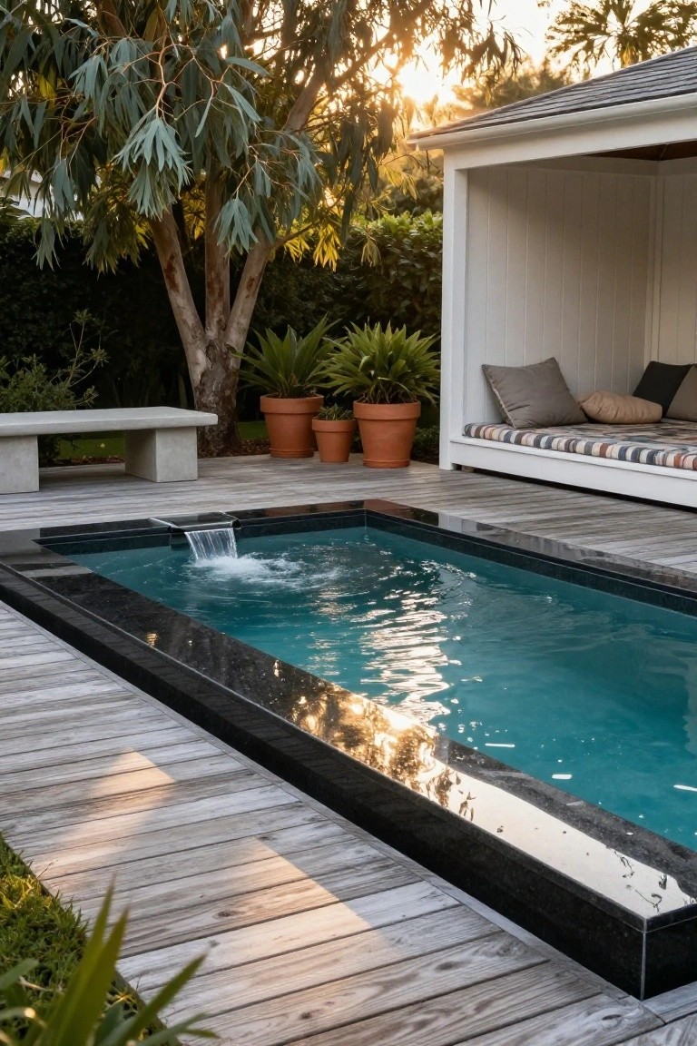 Rectangular turquoise pool with black granite edges and a small waterfall spout, surrounded by light wooden decking, next to a covered seating area with cushions, potted plants, a stone bench, and trees in a backyard at sunset.