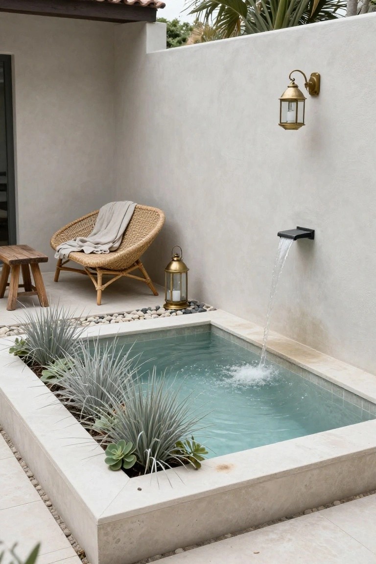 Small rectangular turquoise plunge pool in a white stucco-walled courtyard with pebble borders, agave plants along the edges, rattan chair with gray throw, brass lanterns, wooden stool, and black wall-mounted fountain pouring water into the pool.