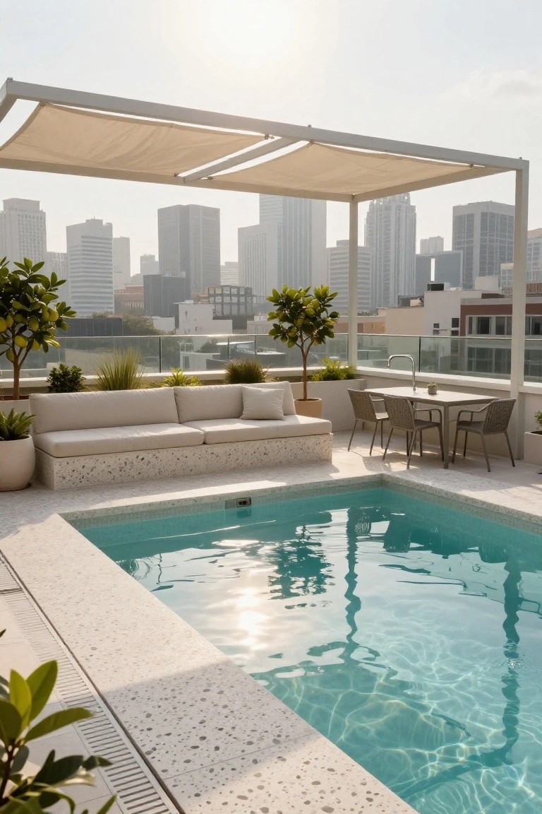 Rooftop terrace with small rectangular turquoise pool surrounded by terrazzo decking, built-in white sofa, wicker dining table and chairs, potted plants, and beige fabric shade sails overlooking city high-rises.