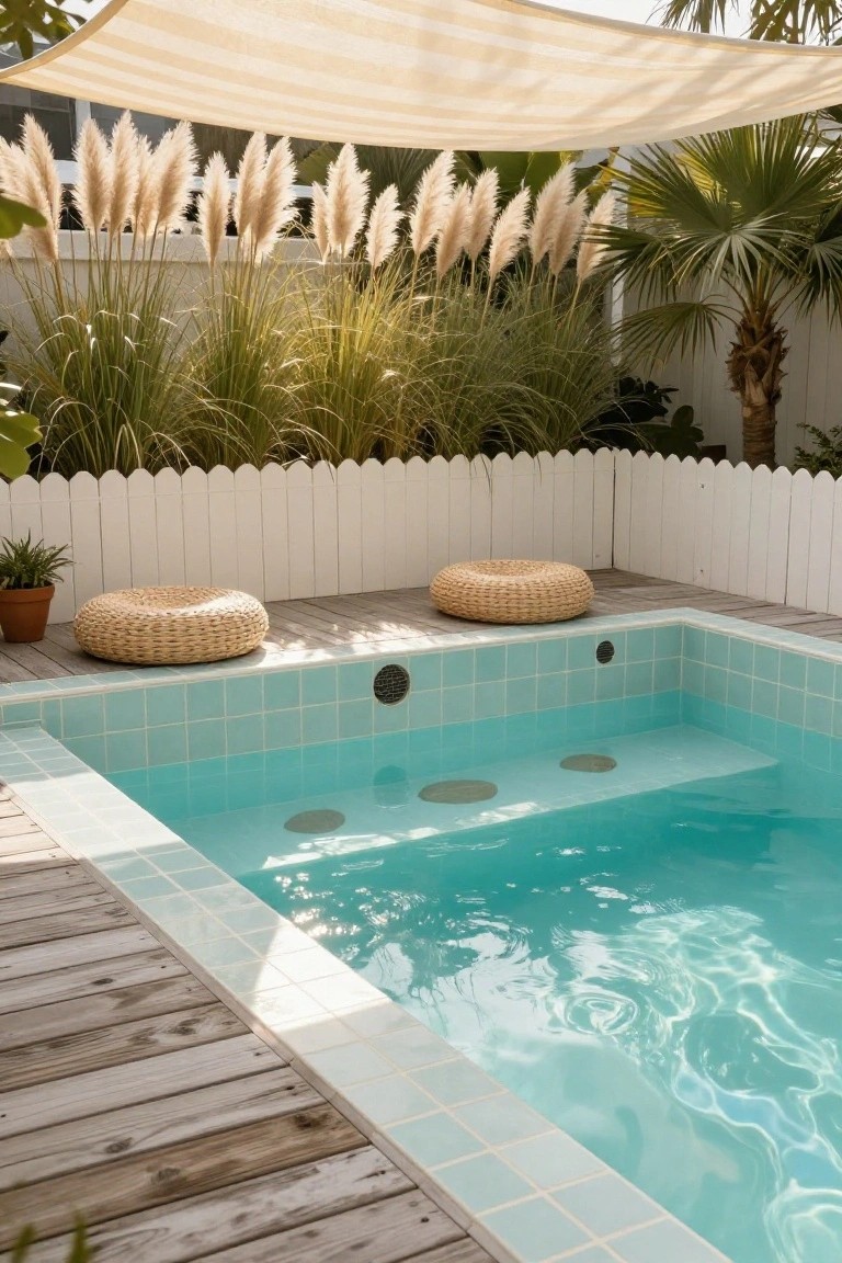 Small turquoise-tiled plunge pool with built-in steps, surrounded by light wood decking, two round woven poufs on the deck, pampas grass and plants along a white picket fence, under a beige striped canopy.