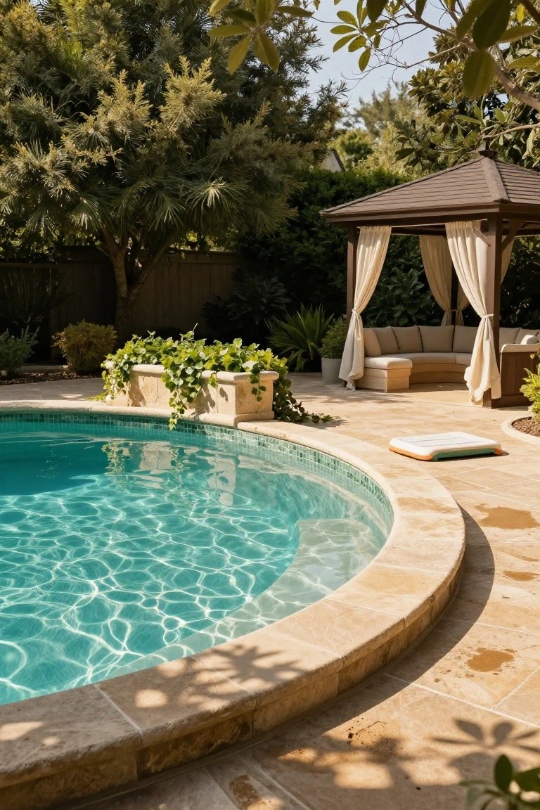 Curved turquoise pool with beige stone tiled edge and coping, adjacent raised beige stone planter box filled with trailing green vines, wooden gazebo with beige curtained seating nearby, surrounded by trees and plants on a stone deck.