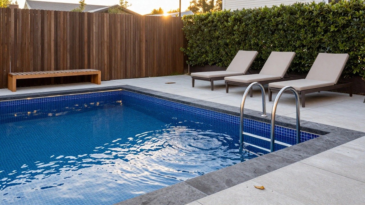 Narrow rectangular pool with blue mosaic tiles and stainless steel ladder, bordered by gray concrete pavers, timber fence, green hedges, and a wooden bench with gray cushion on a patio.
