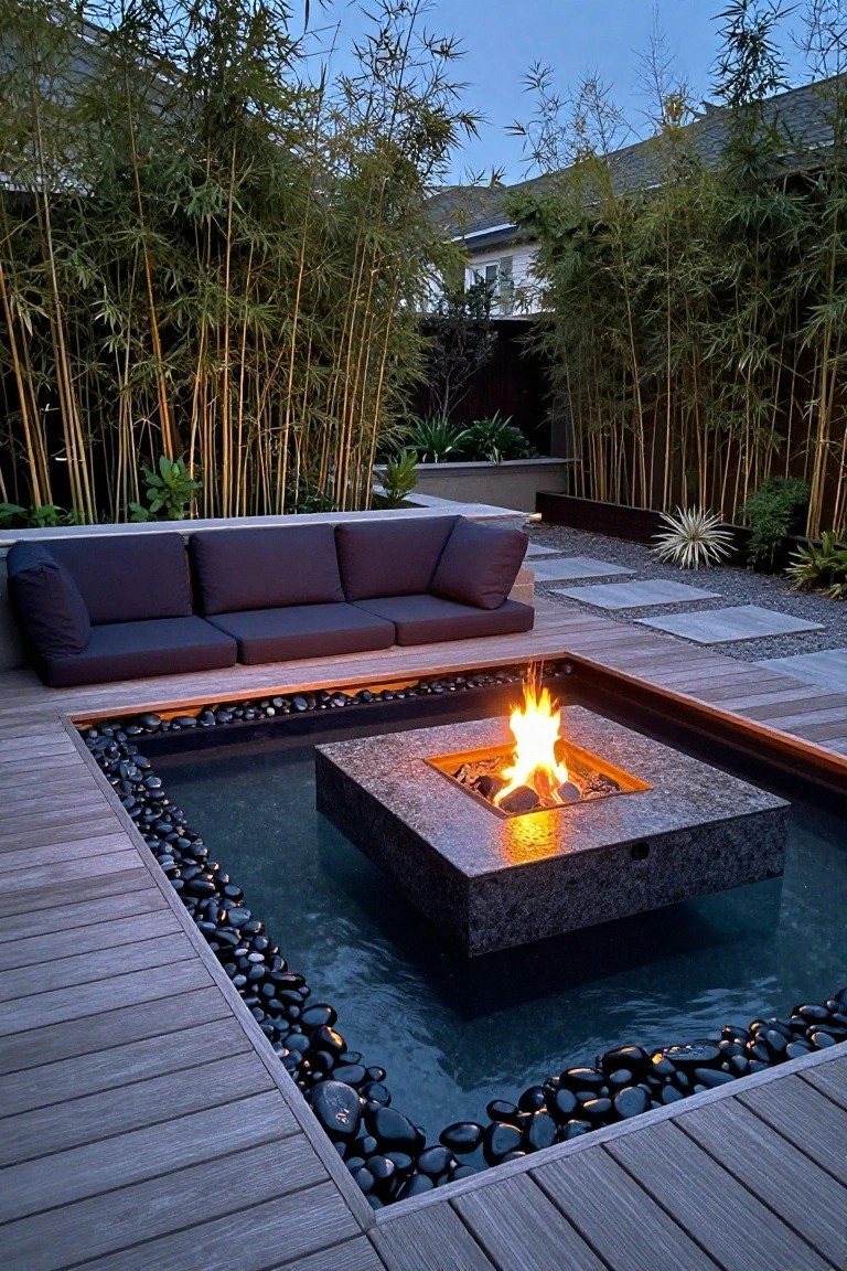 Wooden deck surrounding a shallow rectangular pool with a central square stone fire pit burning, black pebbles lining the pool edges, dark sofa nearby, and bamboo screens in the background.