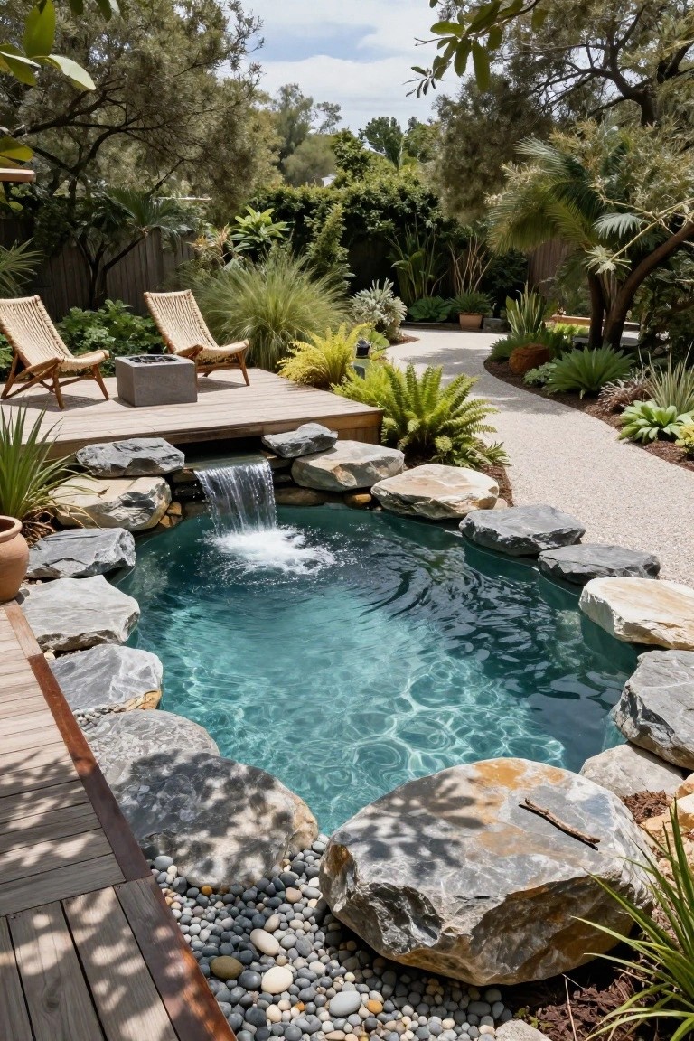 Small oval turquoise pool edged with large gray boulders and rocks, featuring a short waterfall, on a wooden deck platform surrounded by lush tropical plants, gravel path, lounge chairs, and a fire pit in a backyard garden.