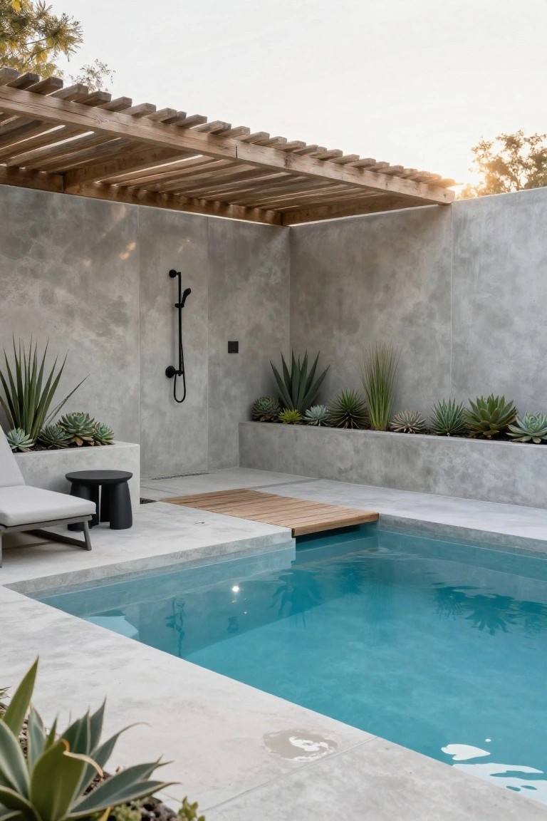 Small turquoise plunge pool next to an outdoor shower with black wall-mounted fixture on textured gray walls, succulents in concrete planters, wooden pergola overhead, lounge chair on deck, and wood bridge to pool.