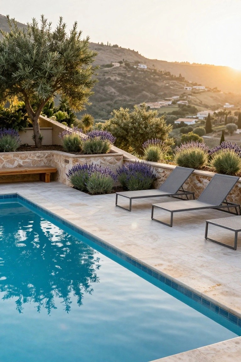 Rectangular blue pool on beige stone decking with two adjacent gray mesh loungers, stone retaining walls planted with lavender bushes and olive trees, wooden bench, and hillside village view at sunset.