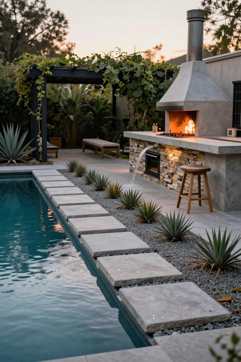 Turquoise lap pool edged with large square stone pavers, gravel, and agave plants, adjacent to a concrete outdoor kitchen bar with built-in fireplace, gas burners, waterfall feature, and wooden stool.