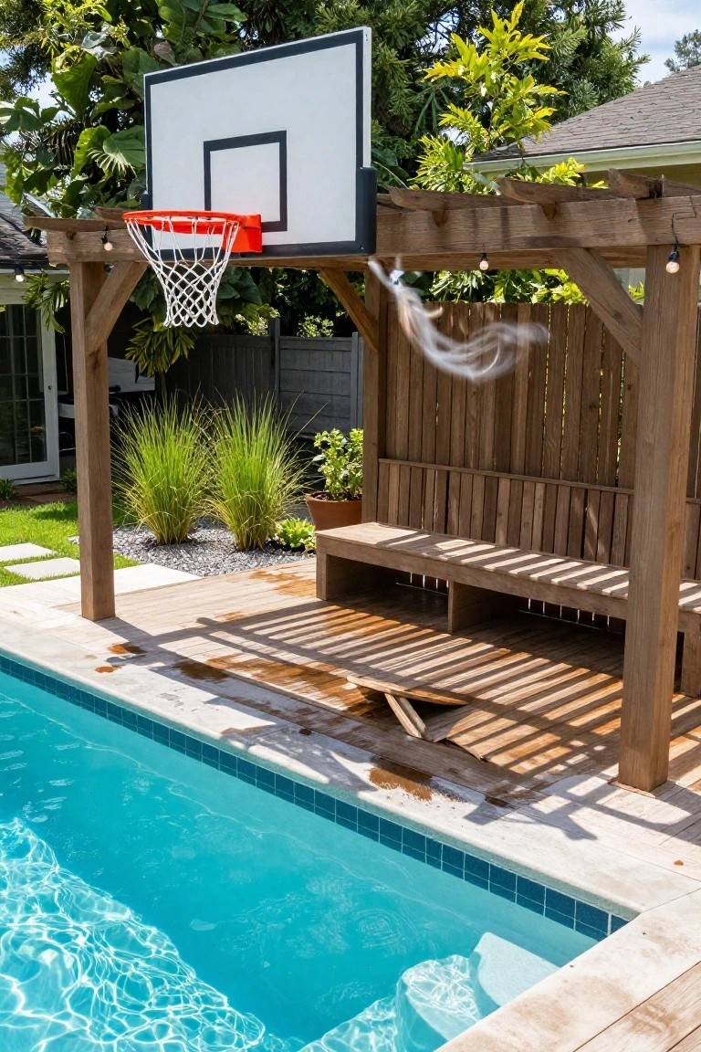 Wooden pergola next to a blue-tiled swimming pool with a red basketball hoop and white backboard mounted on it, a wooden bench below, potted plants, tall grasses, and string lights.