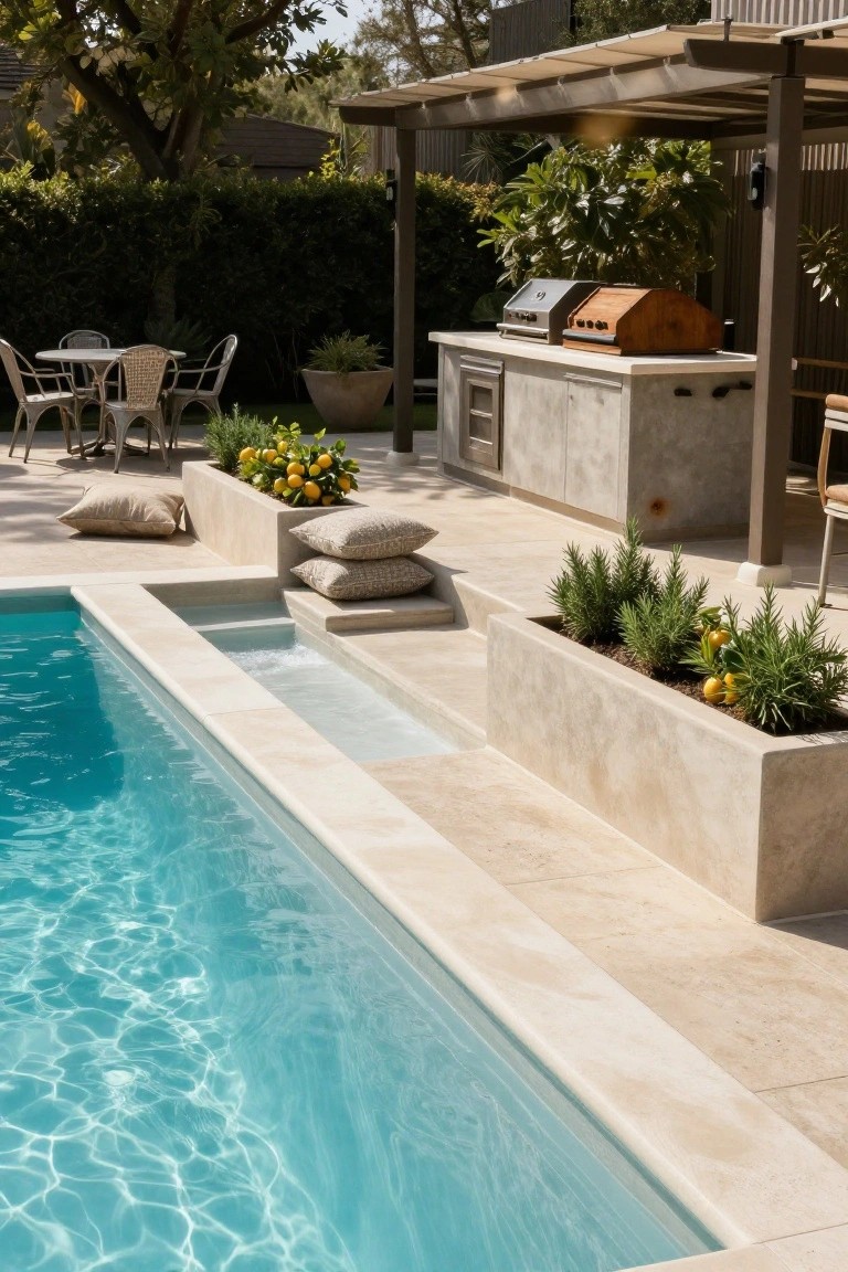 A pool with travertine edge tiled in beige, featuring raised stone planters along one side planted with lemons and rosemary, topped with beige cushions, next to a BBQ kitchen and seating under a covered patio.