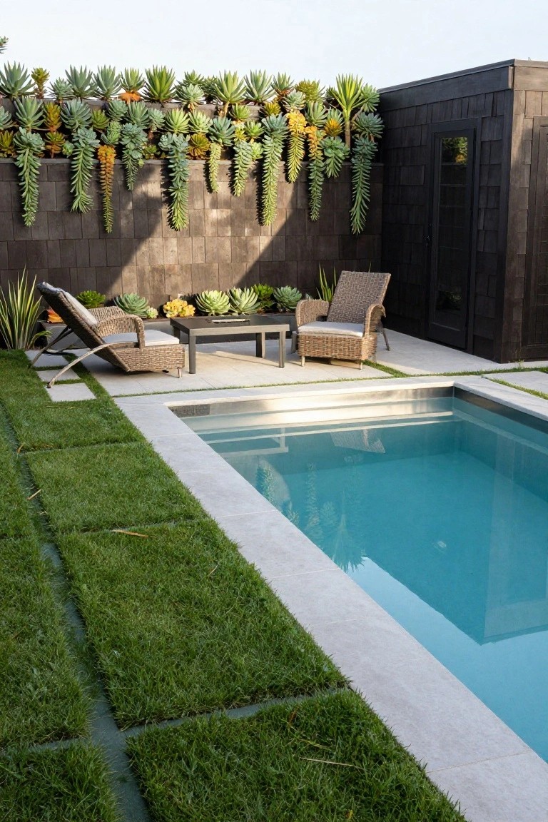Small rectangular pool with light stone coping and grass panels along both long sides, two lounge chairs and low table nearby, dark wood fence covered in succulents in background