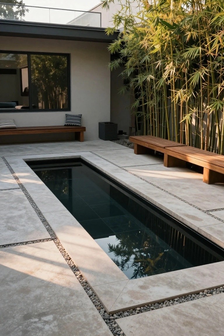 Narrow rectangular in-ground pool set flush into light travertine stone patio with wooden benches on both sides, bamboo plants for screening, and a modern house wall with windows nearby.