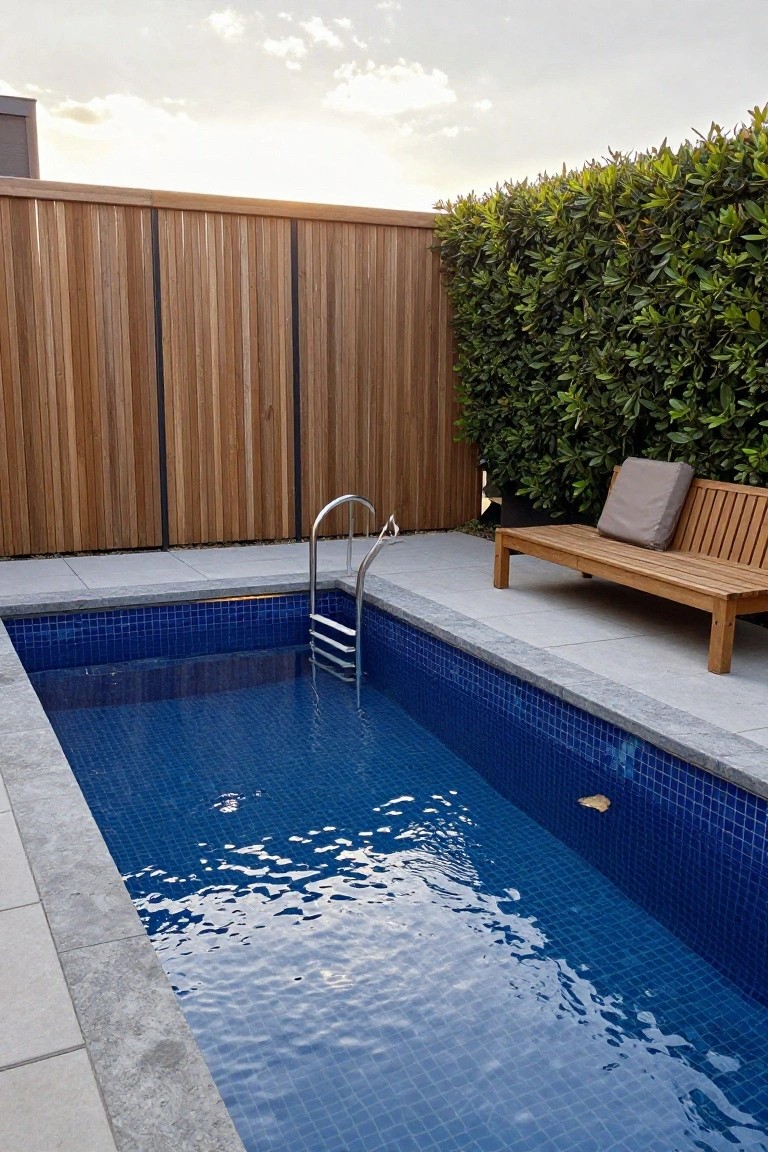 Narrow rectangular pool with blue mosaic tiles and stainless steel ladder, bordered by gray concrete pavers, timber fence, green hedges, and a wooden bench with gray cushion on a patio.