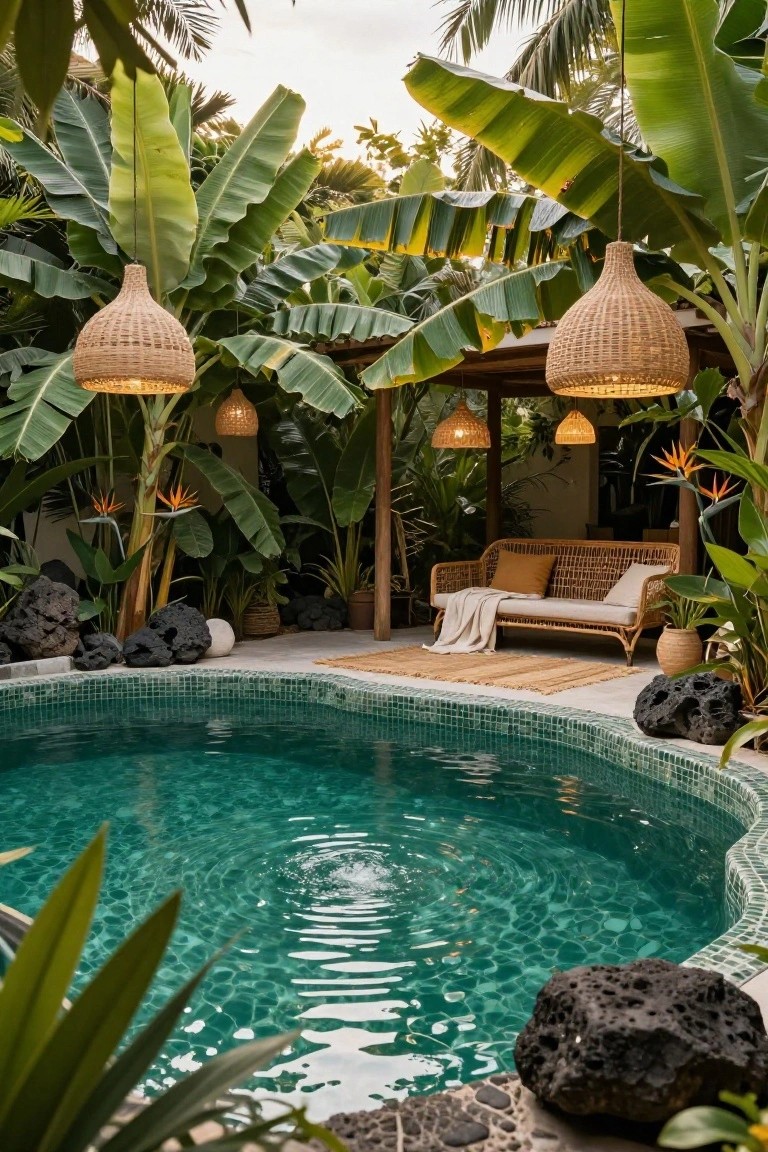Curved turquoise mosaic pool edged with black lava rocks and surrounded by lush banana plants, bird of paradise flowers, potted greenery, rattan sofa with cushions and throw blanket, and hanging woven lanterns under a pergola structure.