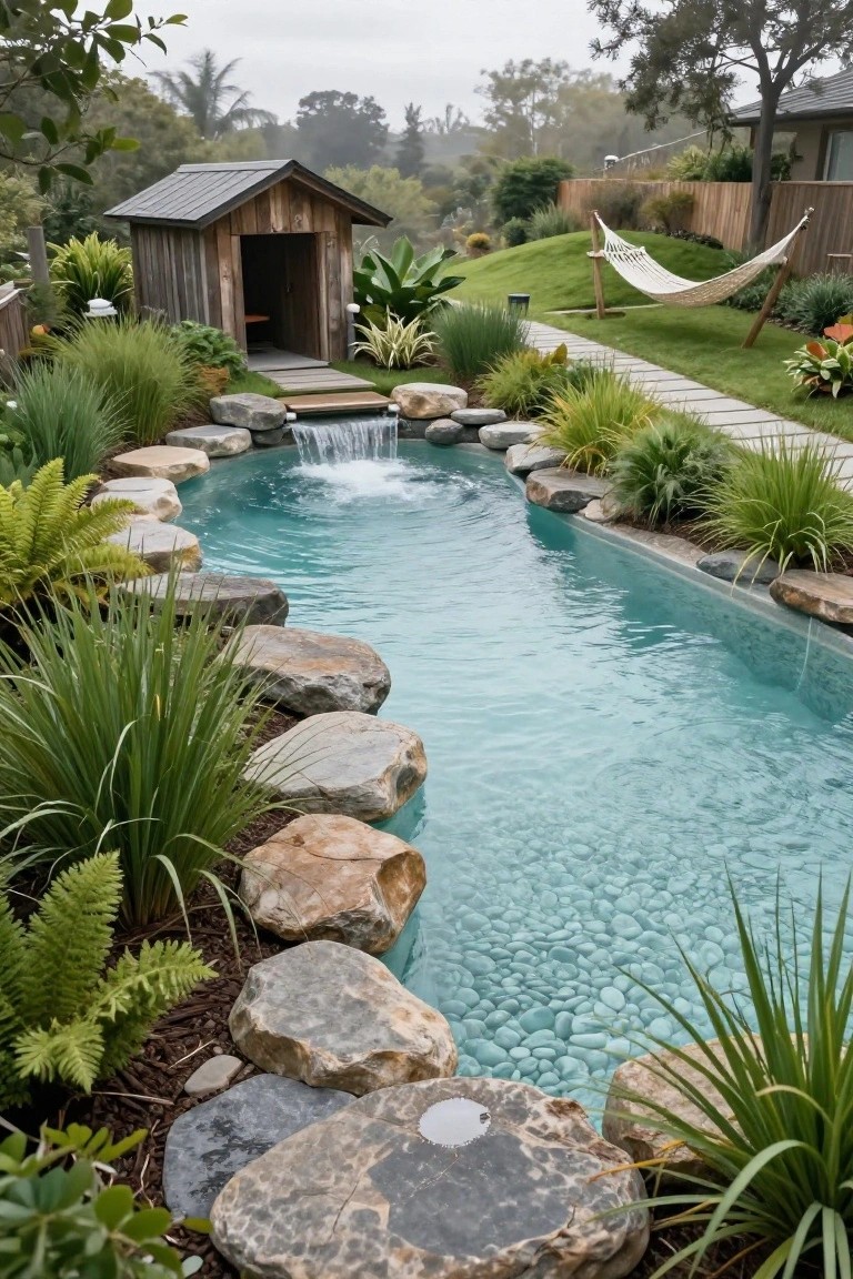 Curved turquoise pool edged with large natural boulders and rocks, featuring a small waterfall, surrounded by lush plants, grasses, ferns, and a wooden cabin structure nearby.