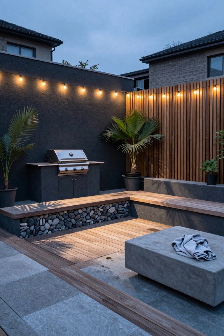 Modern backyard patio with stainless steel BBQ grill on dark counter, L-shaped wooden bench seating backed by pebbles and dark wall, potted palm plants, wooden slat fence strung with warm bulb lights, concrete cube stool on wood deck amid gray tile flooring.
