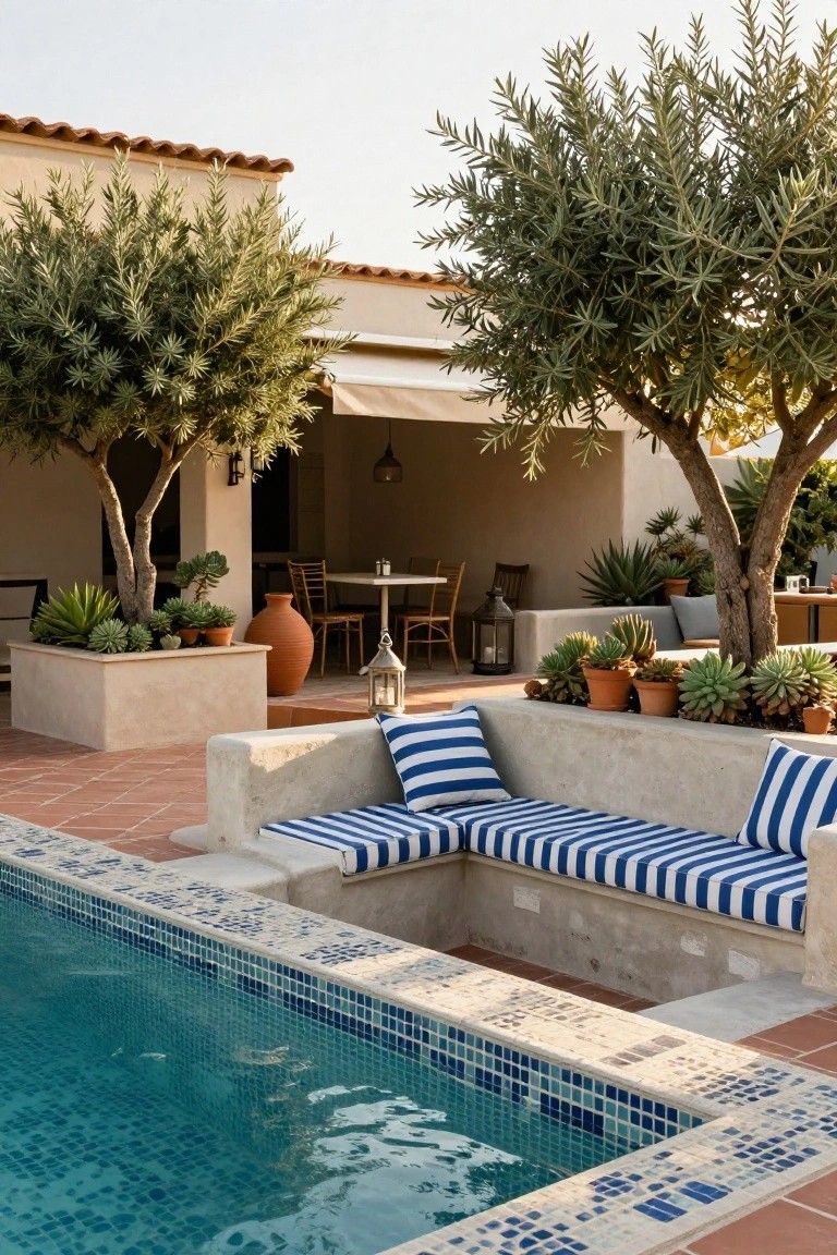 Outdoor pool area with built-in stucco bench seating along the edge featuring blue striped cushions, surrounded by olive trees, potted succulents, and terracotta tiles leading to a covered patio.