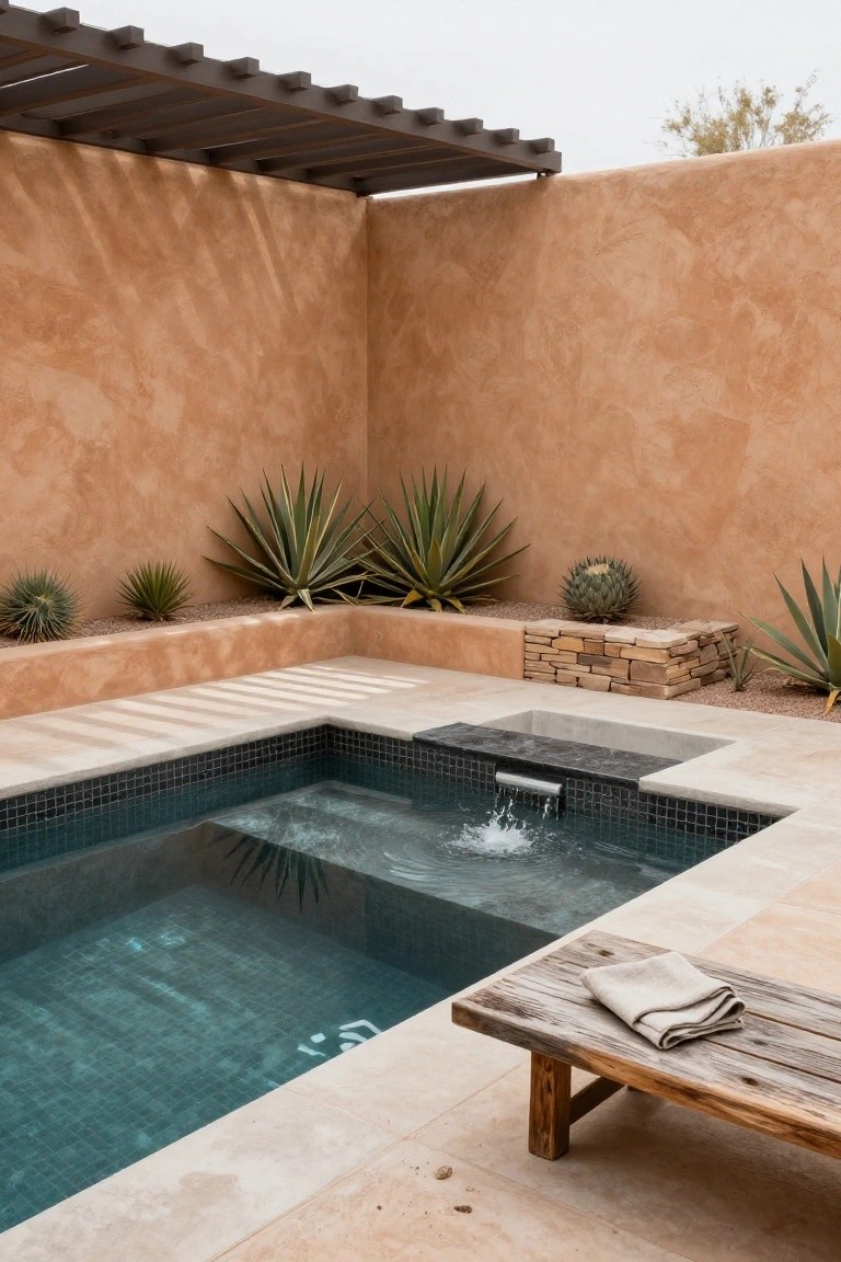 Small square pool with black mosaic tiles and metal waterfall edge in a tan stucco courtyard, surrounded by agave plants, stone accents, and a wooden bench with linen towel under a wooden pergola.