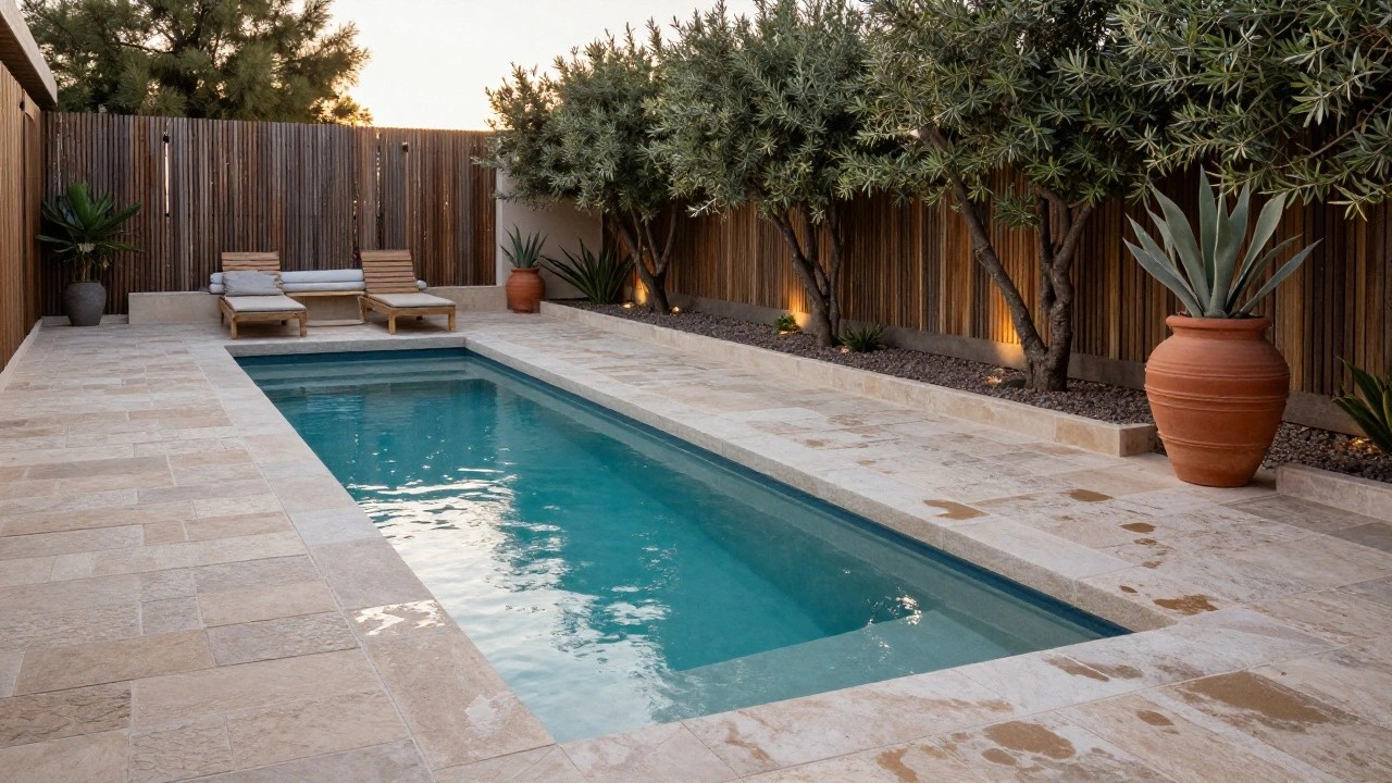 Narrow rectangular pool with four cushioned lounge chairs positioned along one side on stone tiles, lined with agave plants and potted succulents, next to a waterway at sunset.