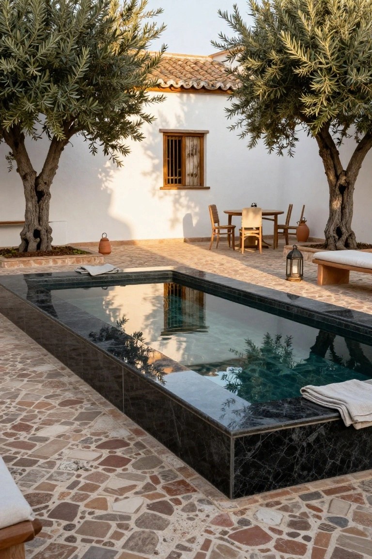 A narrow rectangular pool with black tile edges in a terracotta stone courtyard flanked by olive trees, white stucco walls, a small dining table with wooden chairs, lanterns, and cushioned benches.