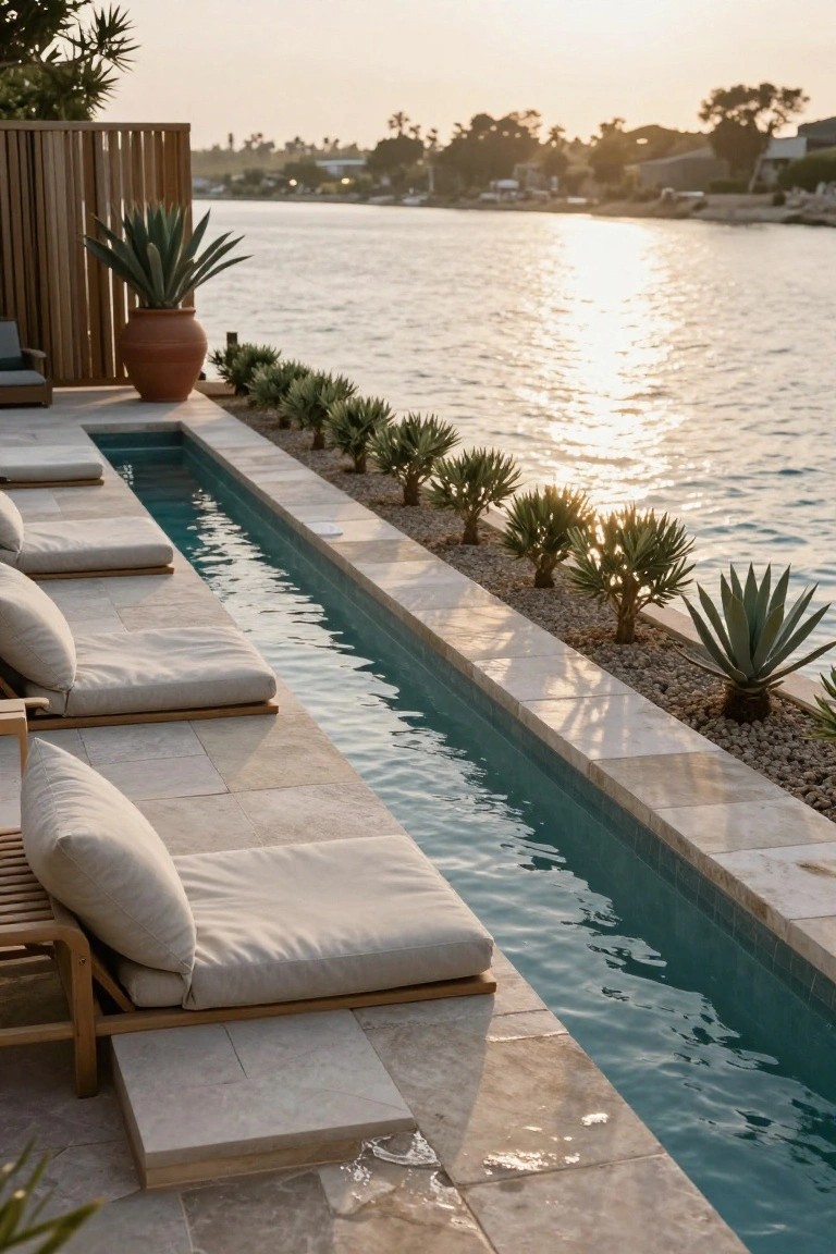 Narrow rectangular pool with four cushioned lounge chairs positioned along one side on stone tiles, lined with agave plants and potted succulents, next to a waterway at sunset.