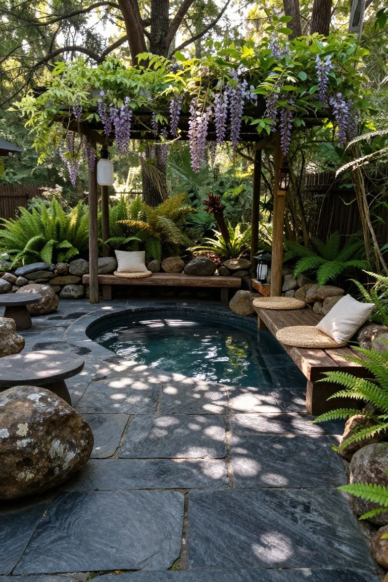 Curved turquoise hot tub surrounded by large boulders, low wood benches with cushions and stools on dark stone pavers, under a wooden pergola draped with purple wisteria and lush ferns in a garden setting.