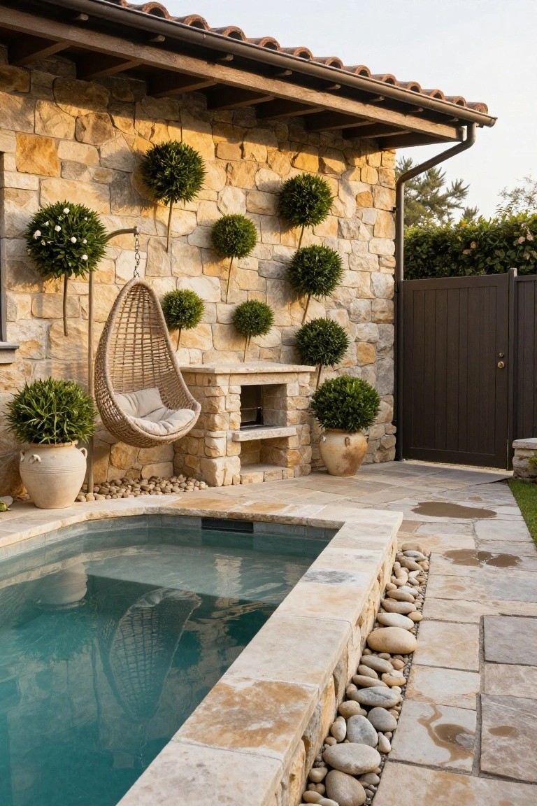 Small turquoise pool edged in beige stone and pebbles, with a beige woven hanging swing chair suspended nearby, spherical boxwood plants on a textured stone wall, potted greenery, built-in stone bench, and dark wood gate on a paved patio.
