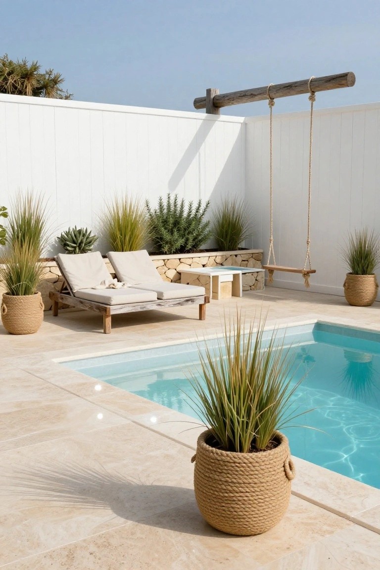 Small rectangular turquoise pool on a light tiled patio, with a rope swing hanging from a wooden beam on a white paneled fence, two beige loungers, potted grasses in woven baskets, and a stone wall base.