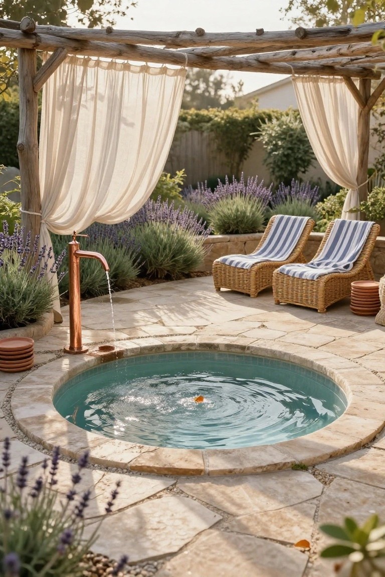 Round turquoise plunge pool in a stone patio with water flowing from a tall copper spigot, surrounded by lavender plants, wicker lounge chairs with blue towels, terracotta pots, and a wooden pergola draped with white curtains.