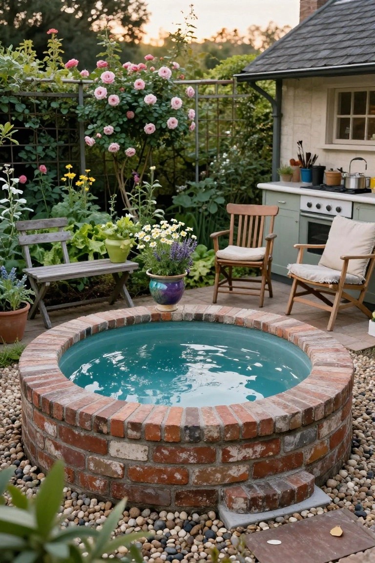 A small circular brick hot tub with turquoise water in a gravel garden patio, flanked by wooden chairs, potted plants, and an adjacent outdoor kitchen shed amid greenery and flowers.