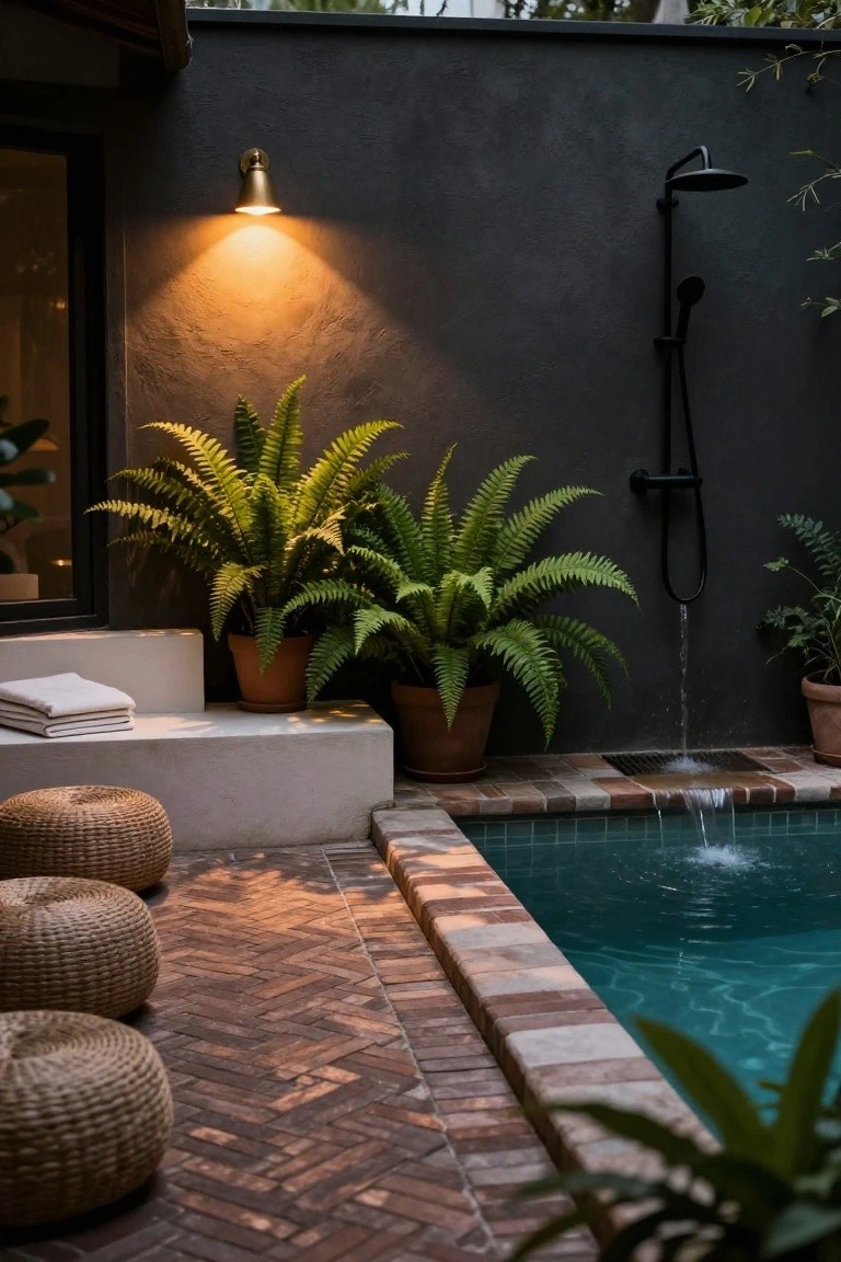 Compact turquoise tiled pool with adjacent black outdoor shower draining into it, potted ferns, stacked white towels on concrete bench, and rattan poufs on brick patio lit by wall sconce