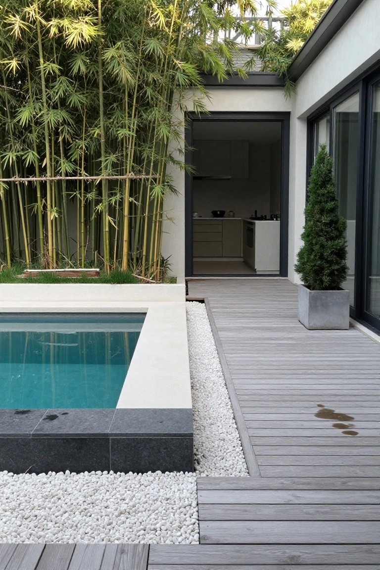 Outdoor infinity-edge pool with turquoise water and black tile trim, bordered by white pebbles and light wood decking, bamboo grove screening, potted conifer tree, and glass doors leading to a modern kitchen.