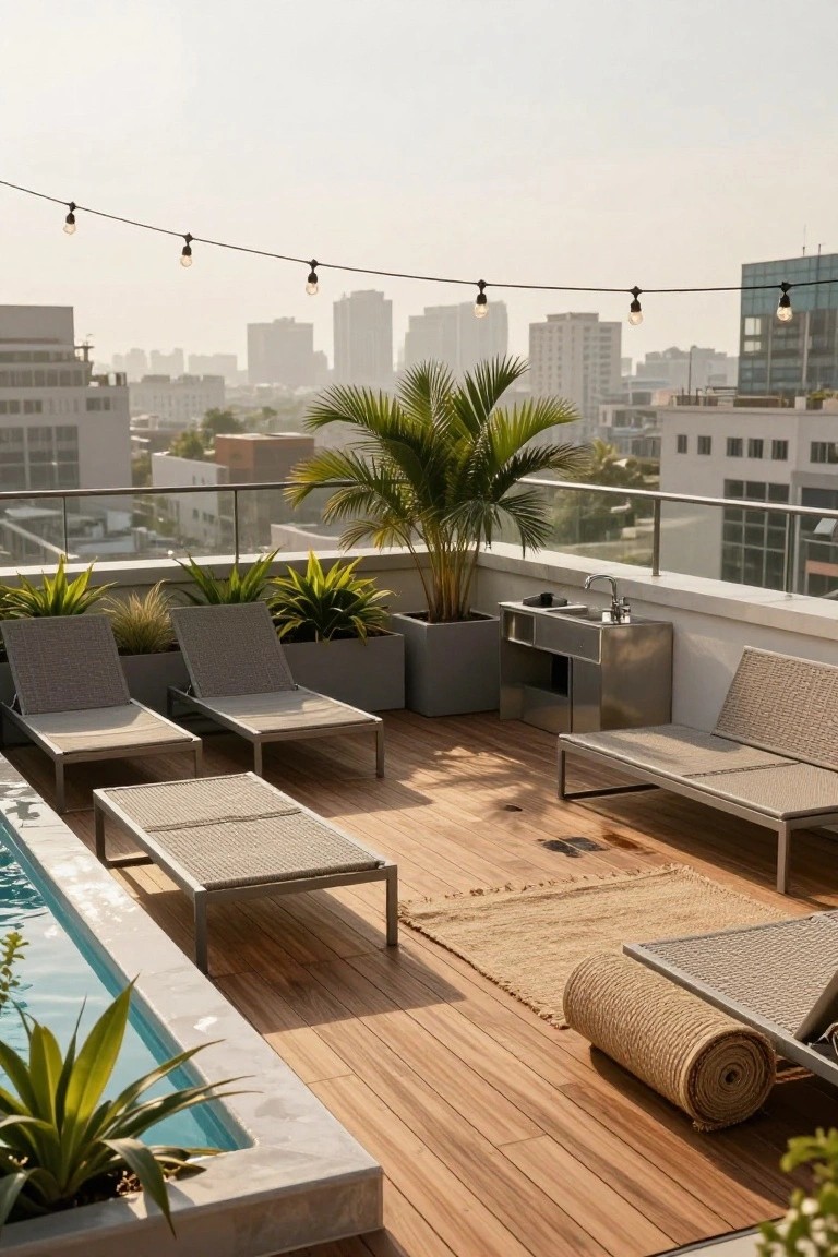 Rooftop terrace with narrow turquoise pool edged in white, light wood decking, several gray woven loungers, potted green plants, stainless steel sink cabinet, beige rugs, string lights, glass railing, and city buildings in hazy background.