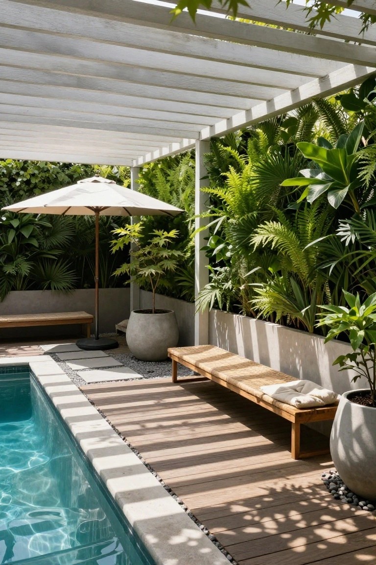 Turquoise pool with wooden decking along the edge, white wooden pergola overhead, lush green fern wall on one side, beige umbrella with stand, large gray pots, and a long wooden daybed with woven seat and white cushions positioned parallel to the pool.