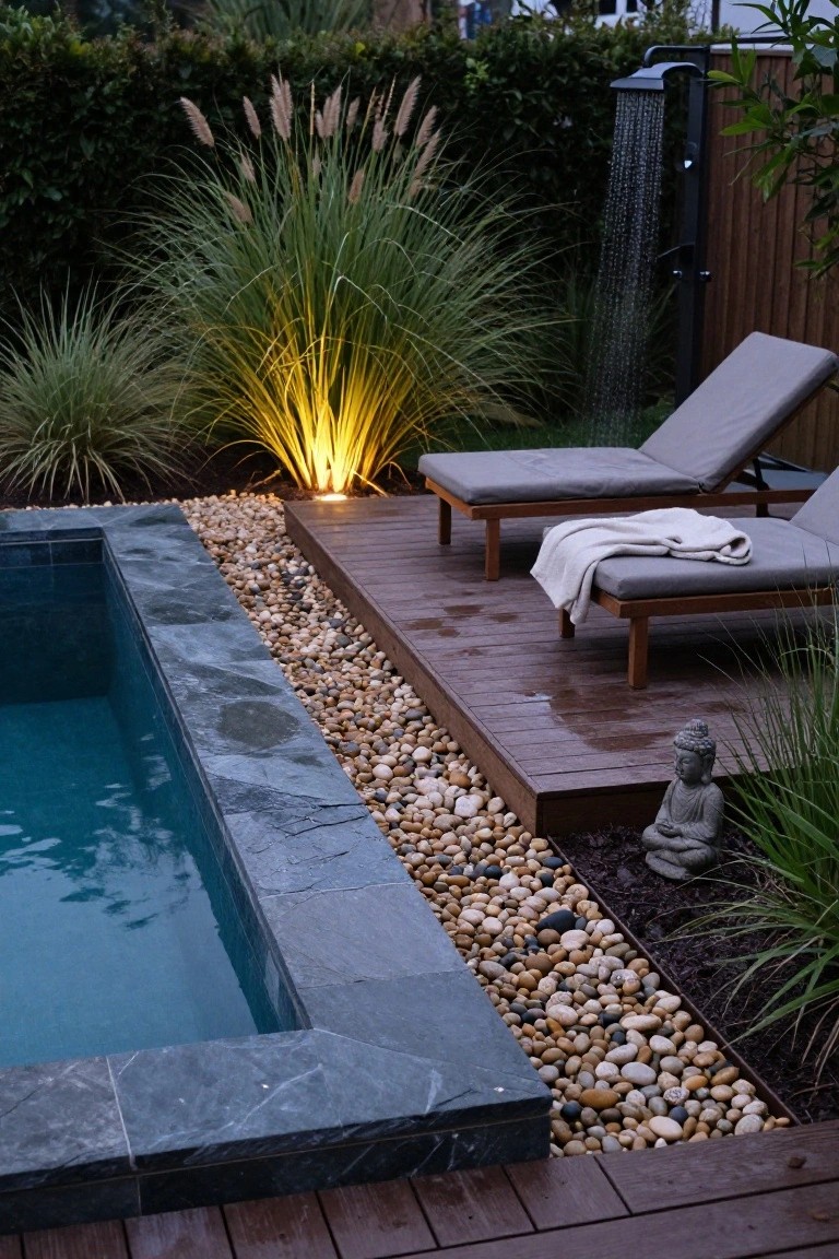 A rectangular swimming pool with dark slate coping edged by smooth pebbles and a raised wooden deck holding two gray loungers, one with a white towel, next to tall grasses, a Buddha statue, and an outdoor shower.