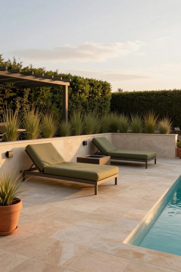 Two green cushioned adjustable loungers with metal frames positioned on a light beige stone deck next to a turquoise pool, backed by a low stucco wall with a small black table between them, surrounded by potted agave plants and tall ornamental grasses.