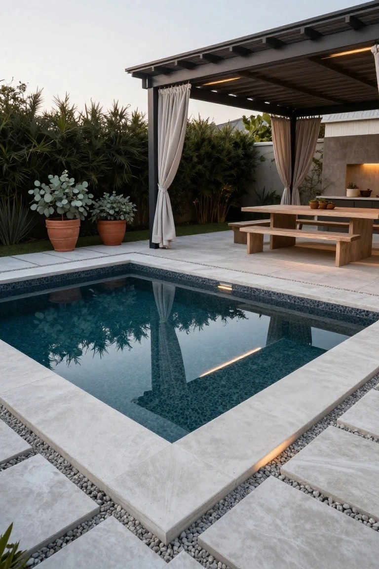 Square plunge pool with dark mosaic tiles and light stone coping, next to a wooden dining table and benches under a pergola with curtains, surrounded by pavers, pebbles, and greenery in a backyard.