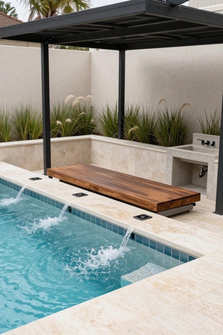 A rectangular wooden bench at the edge of a turquoise-tiled pool with three water spouts cascading from the travertine deck into the water, under a black metal pergola with pampas grasses and an outdoor sink nearby.