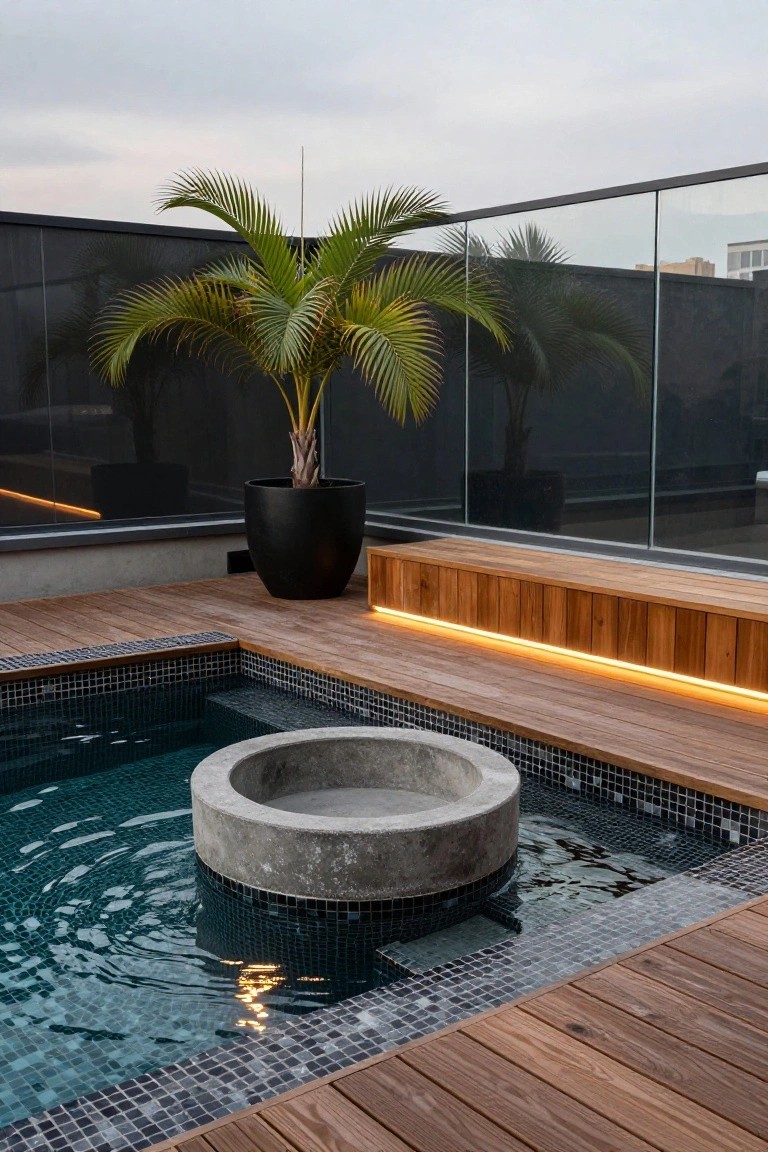 Rooftop terrace featuring a small round plunge pool with central gray concrete basin, surrounded by teak wood decking, built-in wooden bench with LED lighting, black potted palm tree, and glass balustrade.